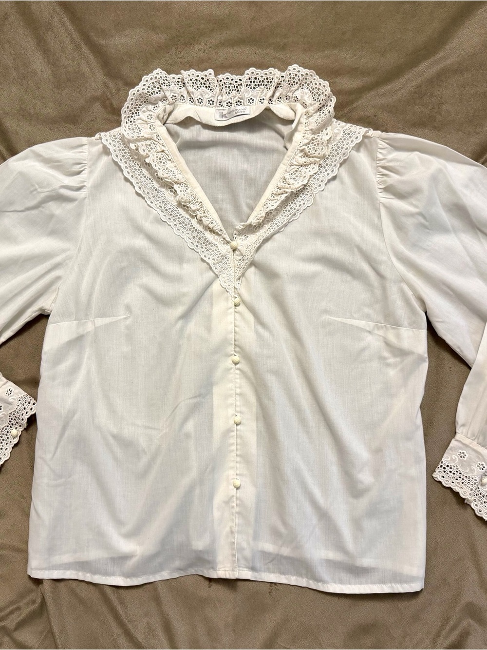 Vintage Karlsbader Bluse White Lace Ruffle Collar Blouse Puff Sleeve Trachtentop